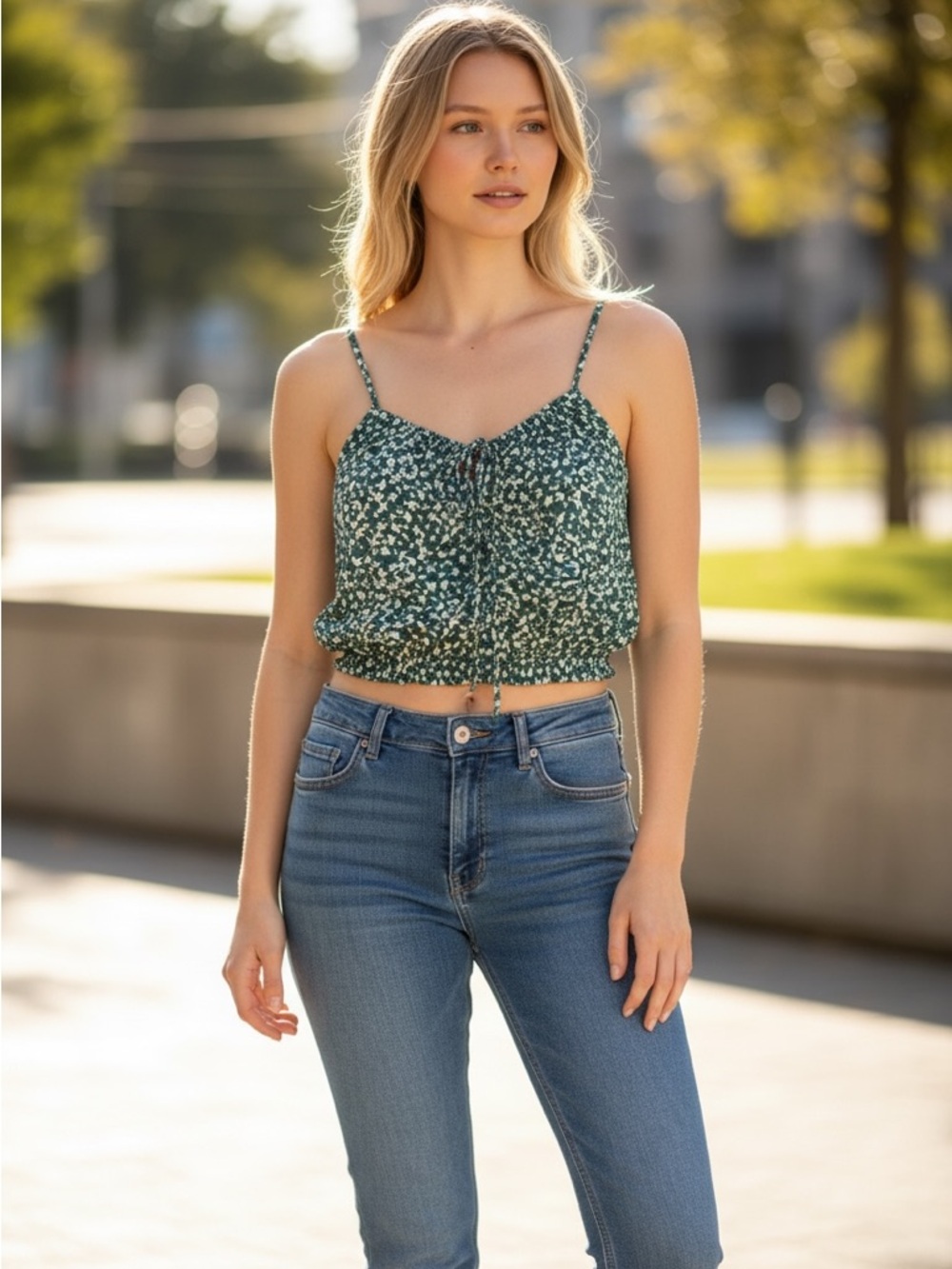 Green Floral Tie-Front Spaghetti-Strap Camisole